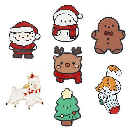 7Pcs 7 Style Christmas Tree & Deer & Gingerbread Man Enamel Pin JEWB-TA0001-11-1