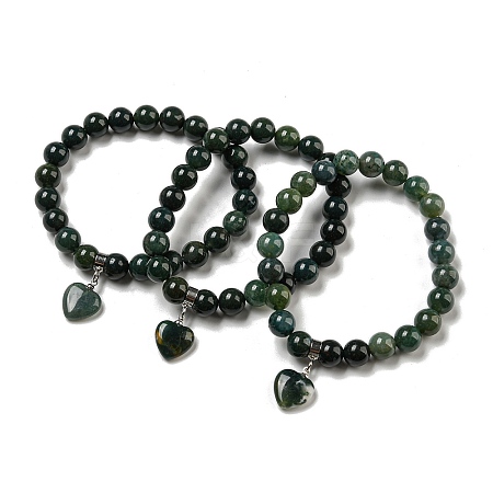 8.5mm Round Natural Moss Agate Beaded Stretch Bracelets BJEW-C074-01P-1