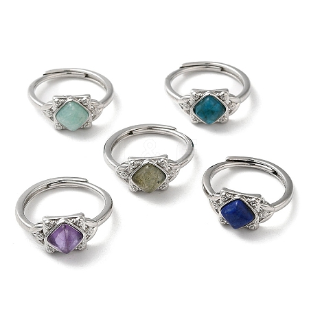 Adjustable Natural Mixed Gemstone Rhombus Finger Rings RJEW-M155-08P-1