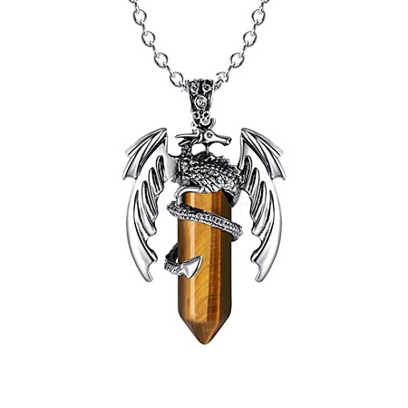 Natural Tiger Eye Bullet with Dragon Pendant Necklace with Zinc Alloy Chains PW-WG99720-01-1