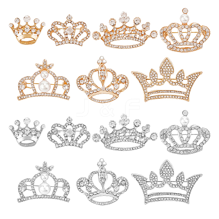 14Pcs 14 Styles Crown Zinc Alloy Rhinetsone Lapel Pins for Clothes JEWB-HY0001-56-1