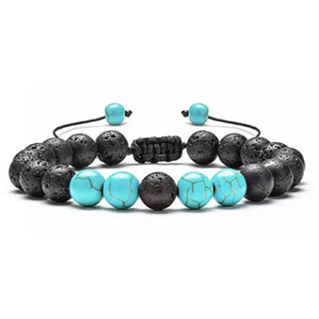 Adjustable Handstring Round Synthetic Turquoise & Natural Lava Rock Yoga Braided Bead Bracelets for Women Men LN5324-6-1