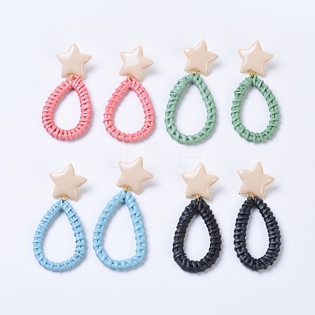Handmade Spray Painted Reed Cane/Rattan Woven Dangle Stud Earrings EJEW-JE03083-1