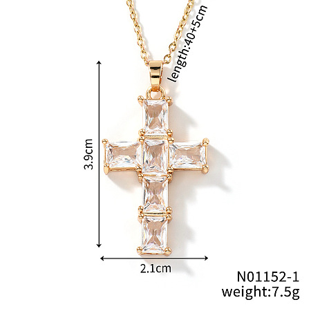 Brass Shiny Clear Cubic Zirconia Cross Pendant Necklaces Fashionable and Versatile NZ6047-1-1