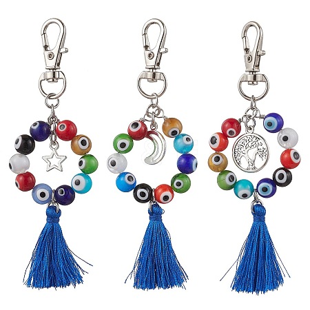 3Pcs Handmade Lampwork Evil Eye & Polyester Tassel Pendant Decorations HJEW-JM02821-1