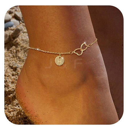 Brass Double Heart Link Flat Round Initial Charm Anklets for Women FS-WGA84B7-11-1