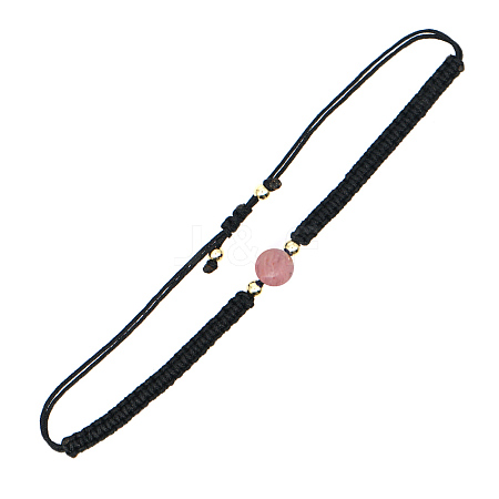 Round Natural Rhodochrosite Braided Bead Bracelet with Black Cord BJEW-BB727272748-C-1