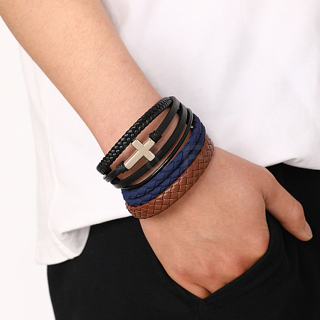 3Pcs Braided PU Leather Cord Bracelets FS-WG46779-04-1
