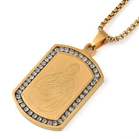 304 Stainless Steel Micro Pave Clear Cubic Zirconia Virgin Mary Rectangle Pendant Necklaces NJEW-D089-07G-1