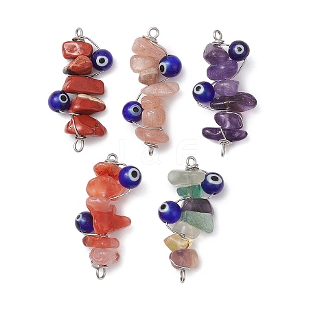 5Pcs 5 Styles Natural Red Jasper & Amethyst & Fluorite & Sunstone & South Red Agate Chip Copper Wire Wrapped Handmake Lampwork Blue Evil Eye Connector Charms PALLOY-JF02977-03-1