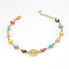 Colorful 304 Stainless Steel & Evil Eye Enamel Flat Round Link Bracelets FS-WGB13F5-07-1