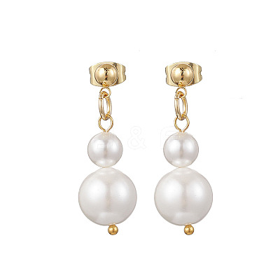 Shell Pearl Round Beaded Necklaces & Stud Dangle Earrings Sets for Women SJEW-JS01349-1