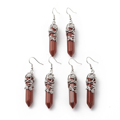 Natural Red Jasper Bullet with Flower Dangle Earrings EJEW-G300-02P-10-1