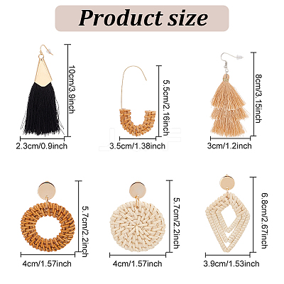 6 Pairs 6 Style Donut & Kite & Flat Round & Arch Rattan Dangle Stud Earrings EJEW-AN0001-28-1