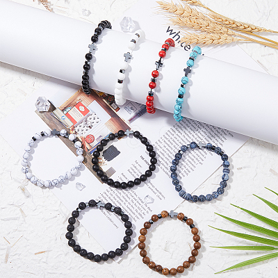 9Pcs 9 Style Natural & Synthetic Mixed Stone & Synthetic Hematite Cross Beaded Stretch Bracelets Set BJEW-FI0001-49-1