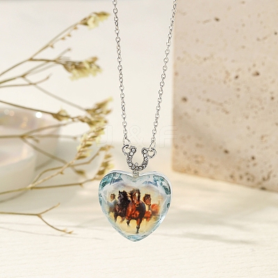 Heart with Horse Pattern Glass Pendant Necklaces PW-WGF1C5C-08-1