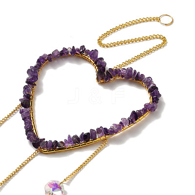 Heart Natural Amethyst Chips Hanging Ornaments HJEW-G024-01D-1
