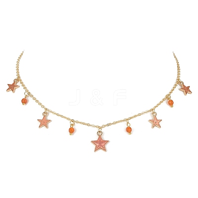 Natural Agate Round & Alloy Enamel Star Charms Bib Necklace with 304 Stainless Steel Chains NJEW-JN04404-01-1