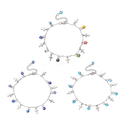 3Pcs 3 Colors Handmade Evil Eye Lampwork & 304 Stainless Steel Cross Tassel Bar Link Chain Anklets for Women AJEW-AN00741-1