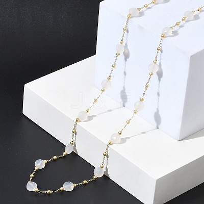 Natural White Agate Faceted Flat Round Beaded Chain Necklaces with Matte Brass Beads GG-CBA37F5-01G-02-1