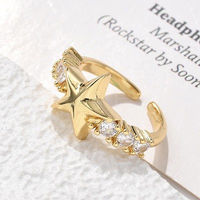 Brass Micro Pave Clear Cubic Zirconia Cuff Finger Rings RJEW-C120-11G-1
