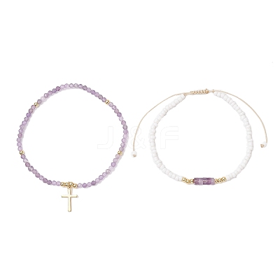 10Pcs 5 Styles Natural Amethyst & Amazonite & Sodalite & Rhodonite & Tiger Eye & Glass Seed Beaded Stretch Bracelets BJEW-JB12545-1
