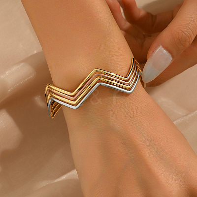 Multi-layer Geometric Wave Pattern Iron Open Cuff Bracelet for Women LS-US3742-1