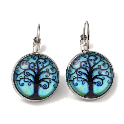 Tree of Life Glass Leverback Earrings with Brass Earring Pins EJEW-Q798-01D-1
