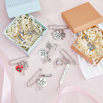 8Pcs 8 Style Nurse's Cap & Infusion Bottle & Caduceus Alloy Charms Safety Pin Brooch JEWB-FH0001-24-1