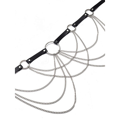 Black Imitation Leather Alloy Curb Chain Tassel Waist Chains FS-WG75D83-01-1