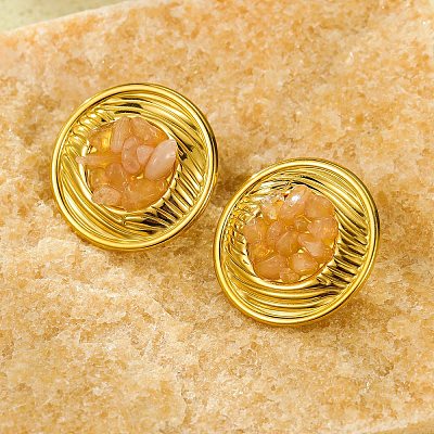 304 Stainless Steel Natural Rose Quartz Stud Earrings EJEW-R012-02G-01-1