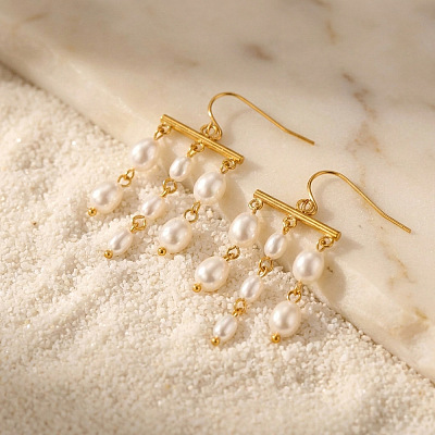 304 Stainless Steel & Plastic Pearl Oval Bead Tassel Chandelier Earrings for Women WGBEBE0-01-1