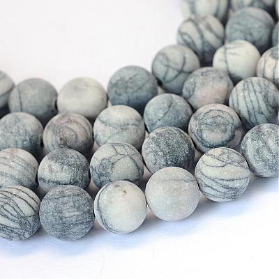 Frosted Natural Black Silk Stone/Netstone Round Bead Strands G-E334-6mm-25-1