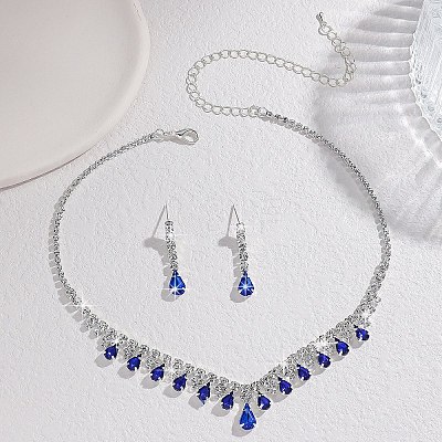 Teardrop Alloy Rhinestone Pendant Necklace & Stud Earring FS-WG7372C-01-1
