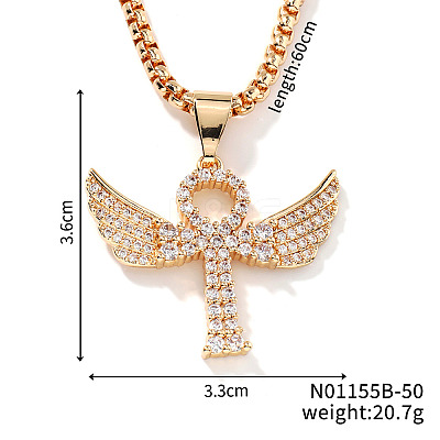 Elegant Brass Crystal Rhinestone Winged Cross Pendant Box Chain Necklaces OK2831-2-1