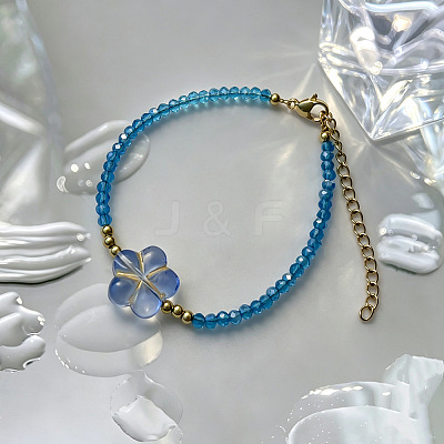 Bohemian Handmade Lampwork Flower and Faceted Rondelle Beaded Bracelets with 201 Stainless Steel End Chains for Women WG307CA-02-1