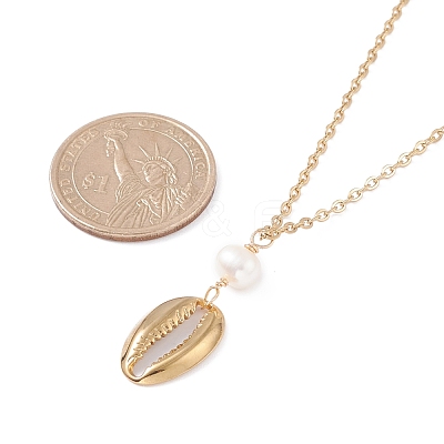 Natural Cowrie Shell Natural Pearl Pendant Necklaces NJEW-JN03745-1