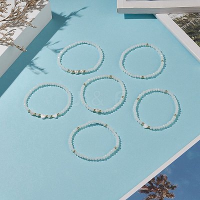6Pcs 6 Style Natural Shell & Glass Star & Round Beaded Stretch Bracelets Set for Women BJEW-JB09945-01-1