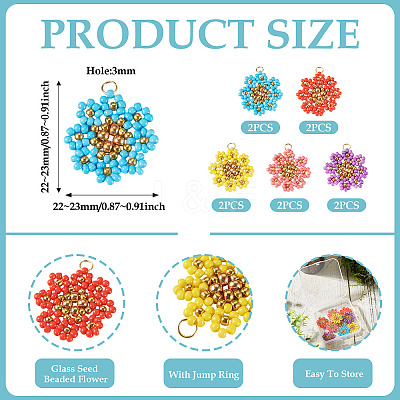 10Pcs 5 Styles Glass Seed Beaded Flower Pendants PALLOY-TA00388-1