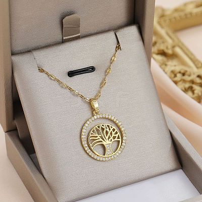 Brass Micro Pave Clear Cubic Zirconia Tree of Life Pendants NJEW-H066-01E-G-1