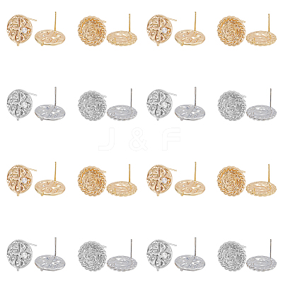8Pcs 4 Style Flat Round with Flower Brass Micro Pave Clear Cubic Zirconia Stud Earrings Findings KK-DC0002-90-1