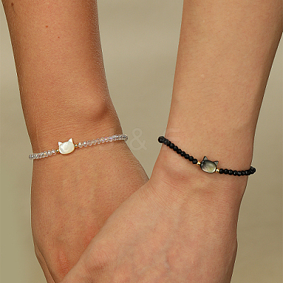 2Pcs 2 Color Natural Shell Cat & Gemstone Beaded Stretch Bracelets Set LJ6864-1