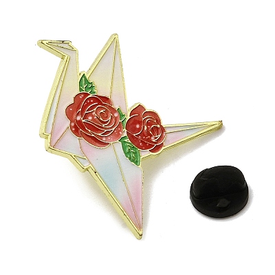Paper Crane & Rose Flower Alloy Enamel Pin Backs for Clothes for Women JEWB-F043-02A-1