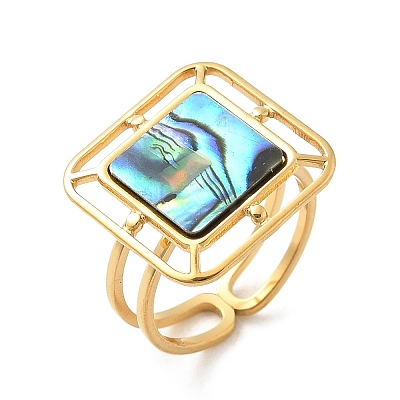 Square 304 Stainless Steel Paua Shell Cuff Rings for Women RJEW-G346-03G-01-1