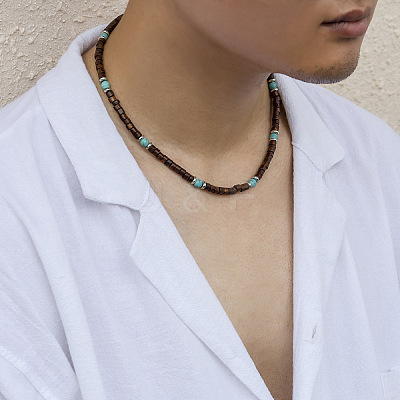 Round Synthetic Turquoise & Wood Heishi Beaded Necklaces for Men FS-WG6A9BE-01-1