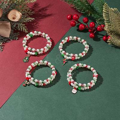 2Pcs 2 Style Glass Pearl & Lampwork Mushroom Beaded Stretch Bracelets Set with Alloy Enamel Christmas Charm for Women BJEW-JB08395-1