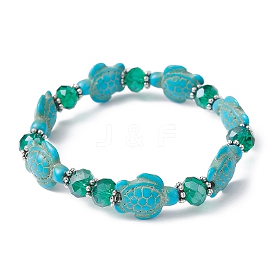 Synthetic Turquoise Turtle & Glass Beaded Stretch Bracelet BJEW-JB09763-1
