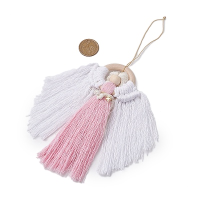 Angel Wood & Cotton Threads Pendant Decoration HJEW-JM02406-02-1