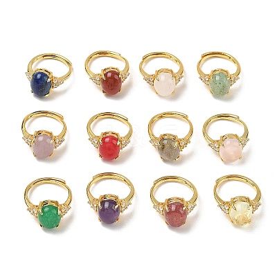 Brass Micro Pave Cubic Zirconia with Natural & Synthetic Gemstone Cuff Open Rings RJEW-T035-01G-M-1