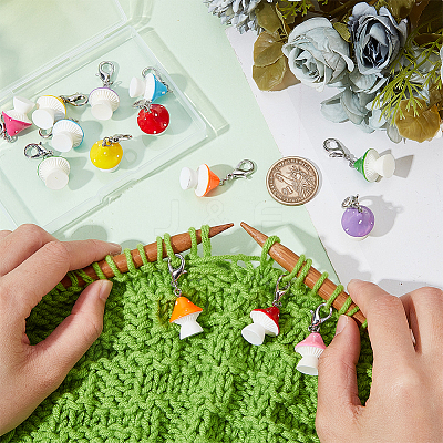 16Pcs 8 Colors Mushroom Opaque Resin Pendant Stitch Markers HJEW-NB00039-1